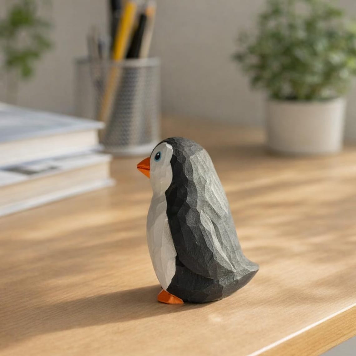Wooden Penguin Figurine Desk Decor, Small Animal Tabletop Display