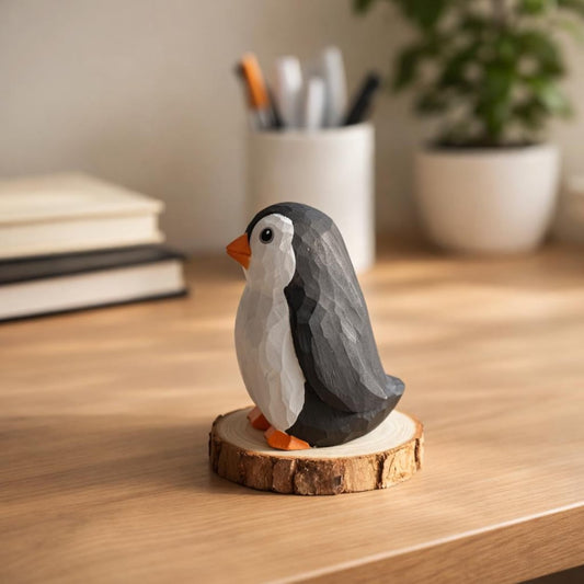 Wooden Penguin Figurine Desk Decor, Small Animal Tabletop Display